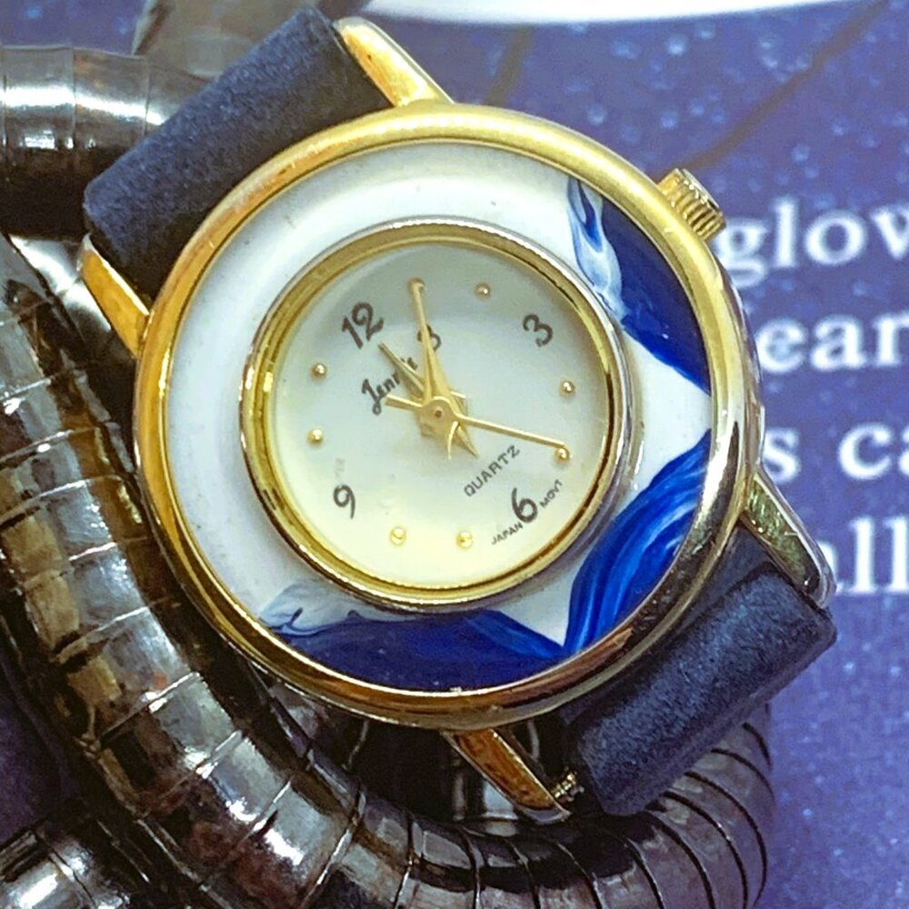 Jennie B Gold/White & Blue Enamel Custom Blue Leather Band Watch Ring Sz 10 US